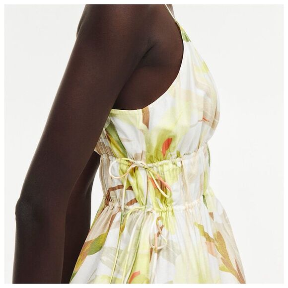 H&M Strappy Midi Dress Womens Sz M Cream Floral Drawstring Detail - Picture 2 of 13